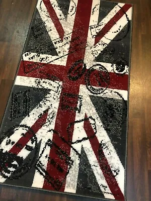 Novelty Aprox 5x3 80cmx150cm Union Jack Retro Rugs Woven Red/White/Grey Mat New • £19.99