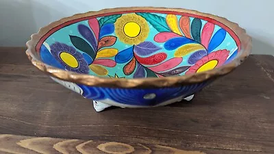 Hand Painted Mexican Terra Cotta  Pottery Large 10 Footed Bowl Sunrise Beautiful • $19.95