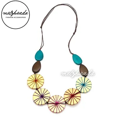 Gold Turquoise Yarn Wooden Button Necklace Ladies Gift For Her • $27.95