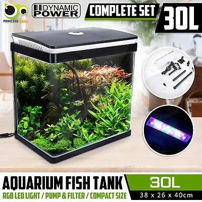 $104.90 • Buy Aquarium Fish Tank Curved Glass RGB LED Light Complete Set Filter Pump 30L