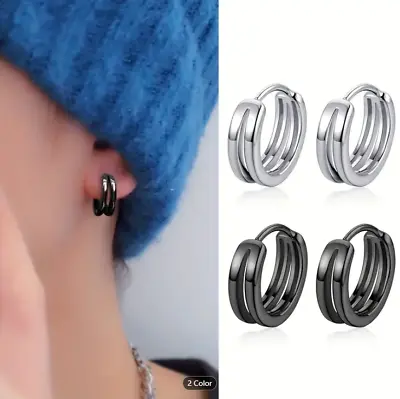 Women Men Sterling Silver Plated Double Lines Huggie Hoop Earrings 15mm G3 • $5.95