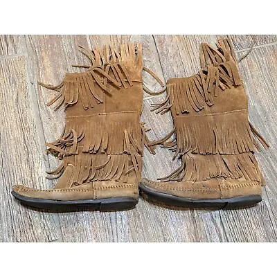 Minnetonka Moccasin 1632 Brown Suede 3 Layer Tiered Fringe Boots Women's Size 9 • $23.31