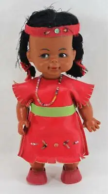 $12 • Buy Vintage Native American Indian Doll Red Leather Dress Beads Braids