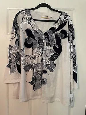 Alfred Dunner 3x Nwt Top Shirt Pullover 3/4 Sleeve Nautical White & Navy Floral • £24.10