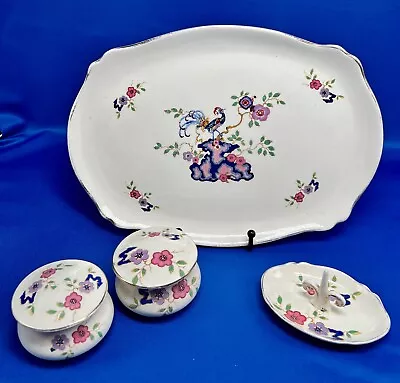 R.P. Co. Regal Ware Peacock Vanity Set Tray With 2 Trinket Jars And Ring Holder • $22