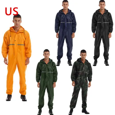 US Mens One Piece Rain Suit Waterproof Coverall Long Sleeve Hooded Jumpsuit Coat • $35.87