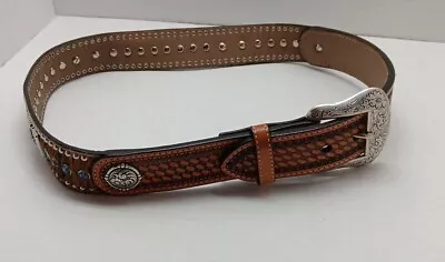 Mens Nocona Brown Blue Rhinestones Studded Leather Belt Calf Hair 30' #N2442148 • $38.74