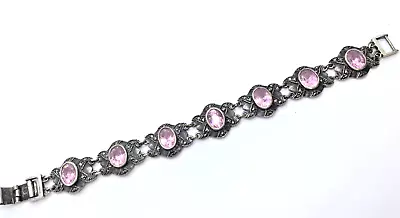 Pink Stone Marcasite Sterling Silver Tennis Bracelet 25.5g 7 1/4  • $29.48