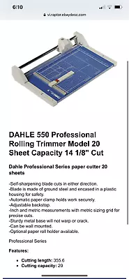 New Dahle 550 Professional Roller Trimmer 14-1/8  Safety Paper Cutter • $165