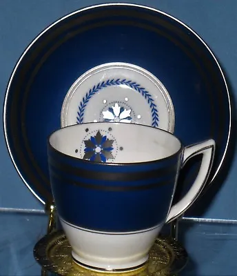 COLLECTIBLE MINTON ENGLAND MINIATURE CUP & SAUCER BLUE W/PLATINUM TRIM DESIGN   • $225