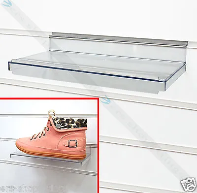 ACRYLIC SLATWALL SHELVES  SHOE DISPLAY CLEAR SHELF  RACK SHOP FITTINGS With LIP • £11.99