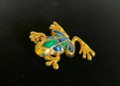Vintage Enameled Leaping Frog Brooch Pin Blue Green • $12
