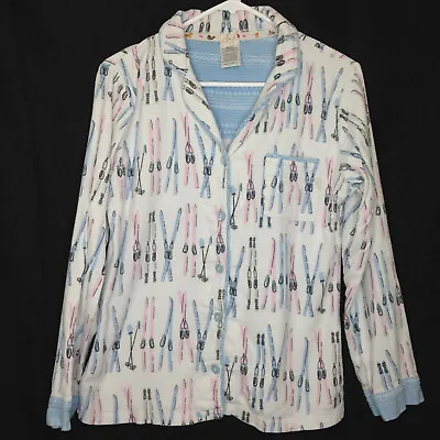 Pajama Top Ski Print Flannel Womens Size Small White Pink Blue Munki Munki • $14