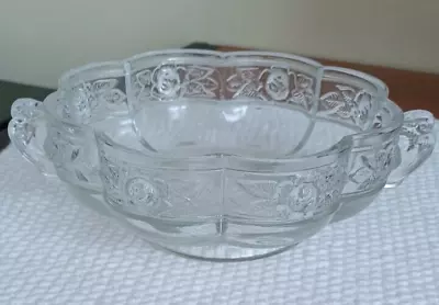 Vintage Clear Embossed Glass Double Handle Bowl - Jeanette Aztec Rose Pattern • $10.95