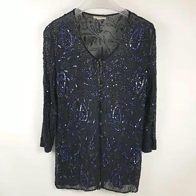 Charlotte Halton Sequined Blouse Shirt Size 10 36 Embellished Sheer Long Sleeves • £37.95