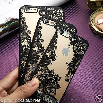 For IPhone 7 8 Plus Ultra Thin Clear Black Lace Flower Hard Case Cover - UK • £3.48