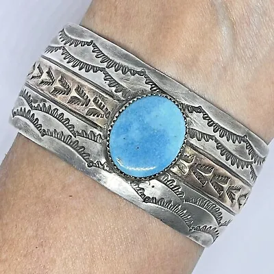 Navajo Cuff Bracelet Stamped Natural Turquoise Copper 46g 7in Sterling VTG 1960s • $179.95