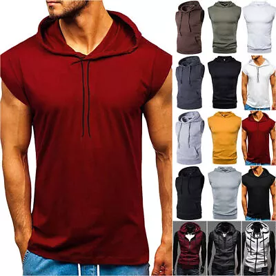 Men Vest Hooded Tank Top Workout Hoodie Muscle Tee Sport T-Shirt Sleeveless Gym • £18.04