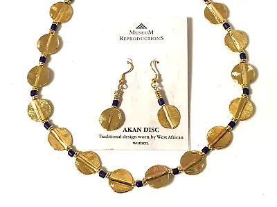 African Akan Gold Tone Disc Frosted Blue Beaded Necklace & Matching Earrings-Set • $34.99