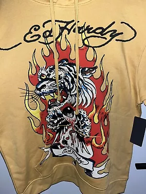 ED Hardy Mens Yellow Graphic Kangaroo Pocket Long Sleeve Pullover Hoodie Medium • $40