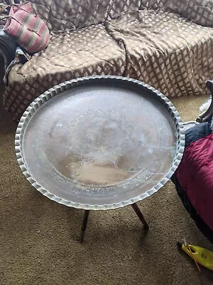 Mid Century Moroccan- Brass Tray Top- Hardwood Folding Spider Leg- Coffee Table • $275