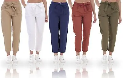 Ladies Chino Trousers Elasticated Waist Tie Belt Slim Fit Cropped Crop Pants • £13.99