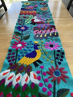 Mexican Table Runner Hand Embroidered Birds And Flowers Green Tone • $54