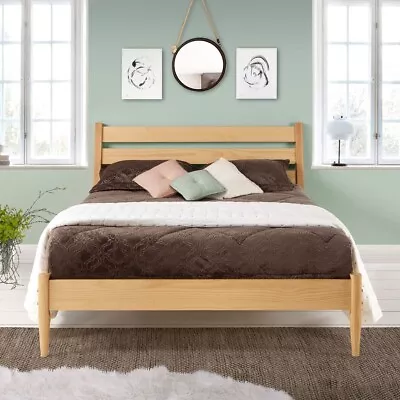 Mid Century Modern Platform Bed Frame Headboard Queen Bedroom Solid Wood Natural • $449.99