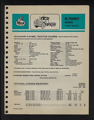 Mack Trucks Model R-700st Series 4 Page Specifications Brochure June 1969 • $27.50