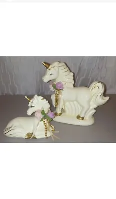 Set Of 2 Vintage 1990s Ceramic Unicorns With Flowers Beads Lace Decor Statue • $4.99