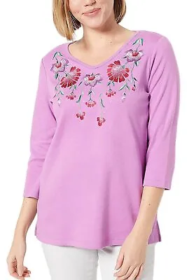 Quacker Factory V-Neck Floral Embroidered 3/4-Sleeve Top Pansy • $17.99