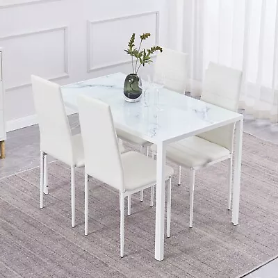 47  White Marble Glass Dining Table & 4pcs White Faux Leather Dining Chairs Set • $199.49