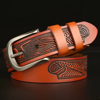 Men's Genuine Leather Belt Eagle Carving Buckle Western Cowboy Belts • £19.07