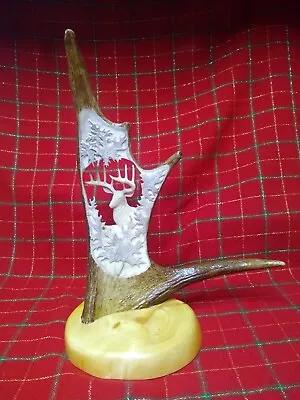 Carved Moose Antler Sculpture Art Deer & Maple Leaves On Wooden Base • $500