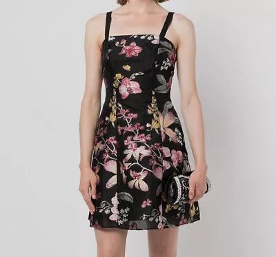 $495 Marchesa Notte Women Black Fils Coupe Floral Sleeveless Mini Dress Size 10 • $158.78