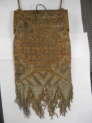 $9.99 • Buy Antique French Micro Steel Cut Beaded Purse W Fringe Silver & Gold Art Deco