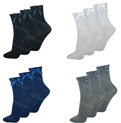£4.45 • Buy Girls Ankle Socks With Satin Bow 3 Pairs Ladies Childrens Back To School Uniform