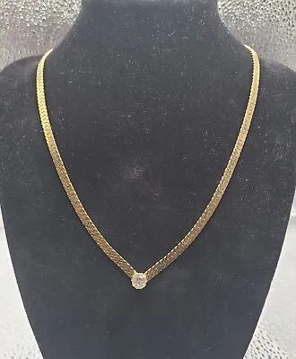 Vintage 1980's GoldTone Flat Herringbone V Shape Necklace With Rinstone Crystal  • $16