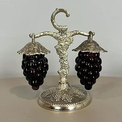 Hanging Glass Purple Grapes Salt & Pepper Shakers With Metal Stand Vintage • $19.99