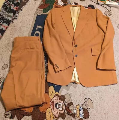 Vintage 70s Cambridge 2-Piece Suit Blazer Jacket 42 Pants 36x32 Rust Orange  • $49.88