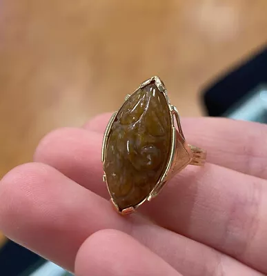 Ming's Hawaii 14k Yellow Gold Brown Red Jade Marquise Carved Ring- Sz 6.5 • $990