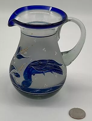 Hand Blown 5 T Art Glass Pitcher Cobalt Blue Herons MEXICO Pretty • $14.99