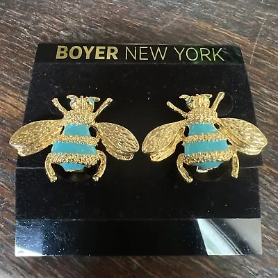 Vintage Gay Boyer Bee Clip Earrings Goldtone & Turquoise New • $94