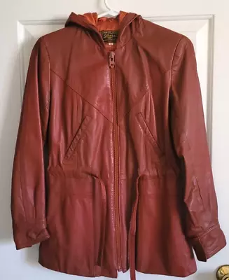 Learsi 3/4 Length Hooded Genuine Leather Jacket Womens Size 12  Drawstring Waist • $39.99