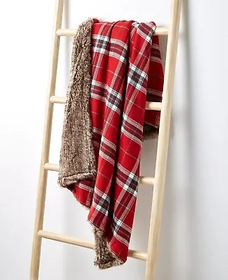 Martha Stewart Luxe Flannel & Faux Fur Throw Blanket Red & Brown 50  X 60  $130 • $67
