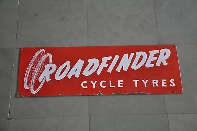 Vintage 'Roadfinder' Cycle Tyres Ad Red & White Porcelain Enamel Signboard • $185.15