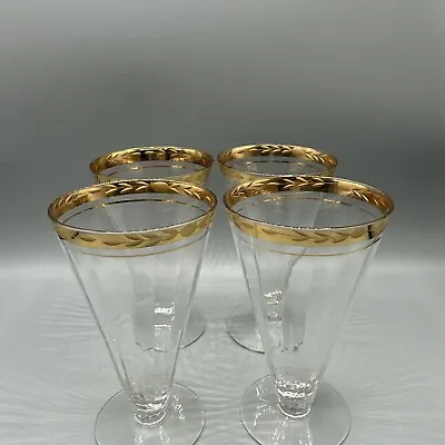 Vintage Parfait Water Wine Glasses Gold Rimmed Laurel Leaf Paneled 5.75  Set/4 • $29.99