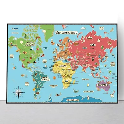 Kids World Map Educational Poster Print Coloured Continents Wall Art A3 A2 A1 • £4.99