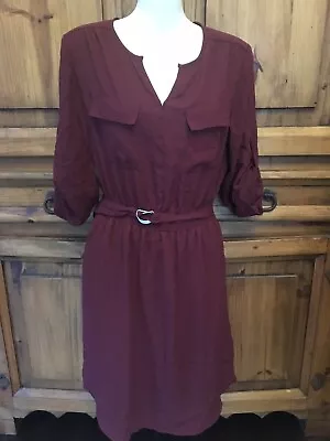 Mossimo Lined Burgundy Wine Shirt Slip Career Belted Pockets Dress XS NWT • $24.99