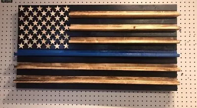 Wooden Rustic Thin Blue Line Challenge Coin Display Holder Back The Blue Flag • $110